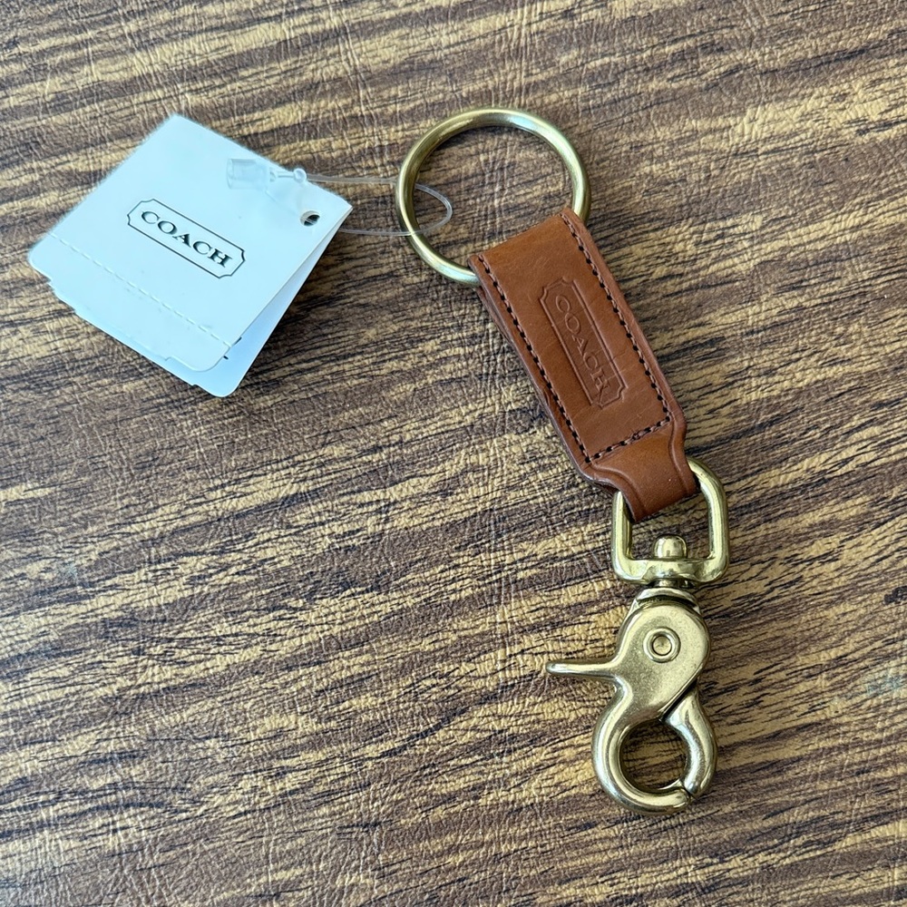 Coach Tan Leather Keychain with Gold Accents